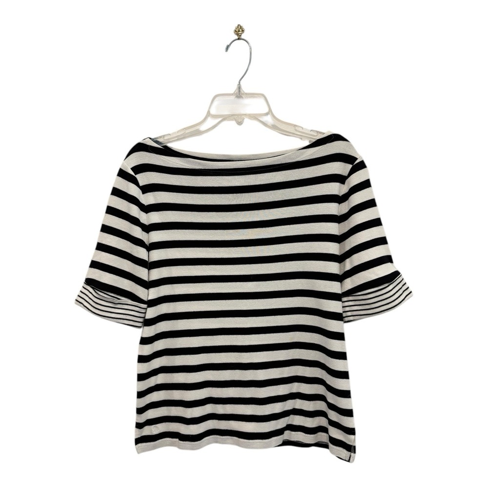 Lauren Ralph Lauren Top Womens XL Blue White‎ Striped Contrast Roll Sleeves